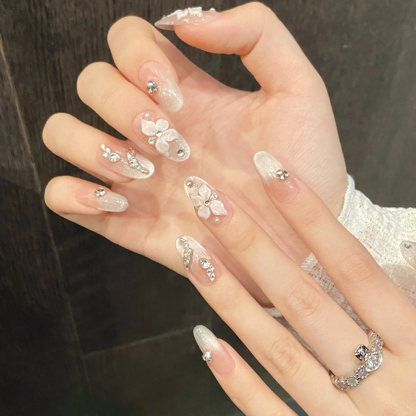 French Cat Eye Press On Nails | Purple Flower Almond Shape 10pcs