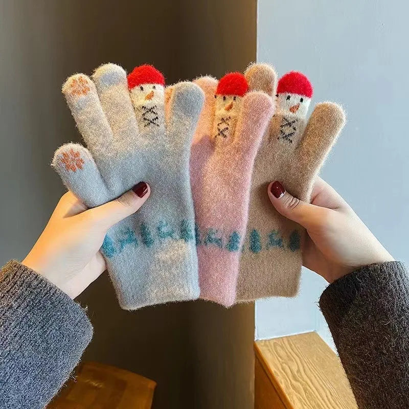 Winter Women Knit Gloves Cute Snowman Touch Screen Thick Warm Windproof Cold Proof Five Fingers Gloves Outdoor Full Finger Mitts Peaceful Pleasures Health and Wellness