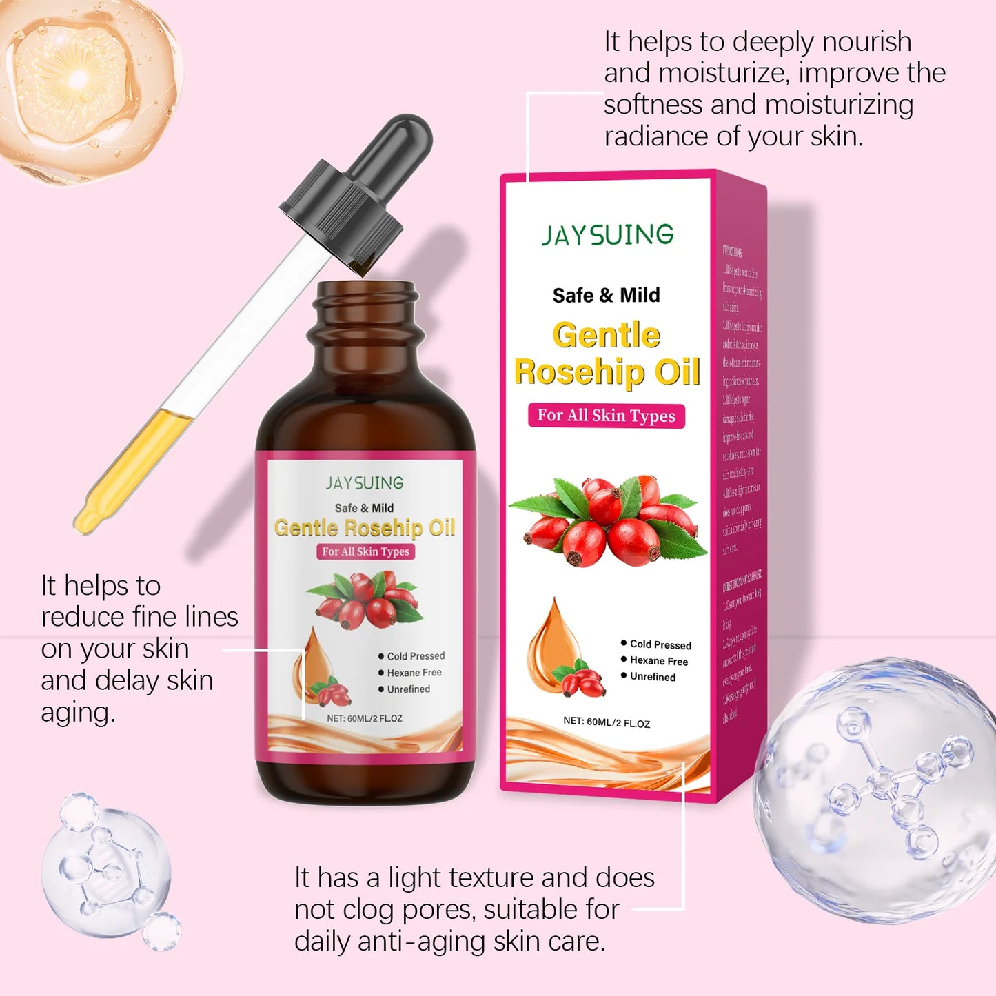 Rosehip Facial Oil Moisturizing Smoothing Skin Relieves Dryness Discomfort Enhances Softness Elasticity Anti-Aging Essence Oil Peaceful Pleasures Health and Wellness