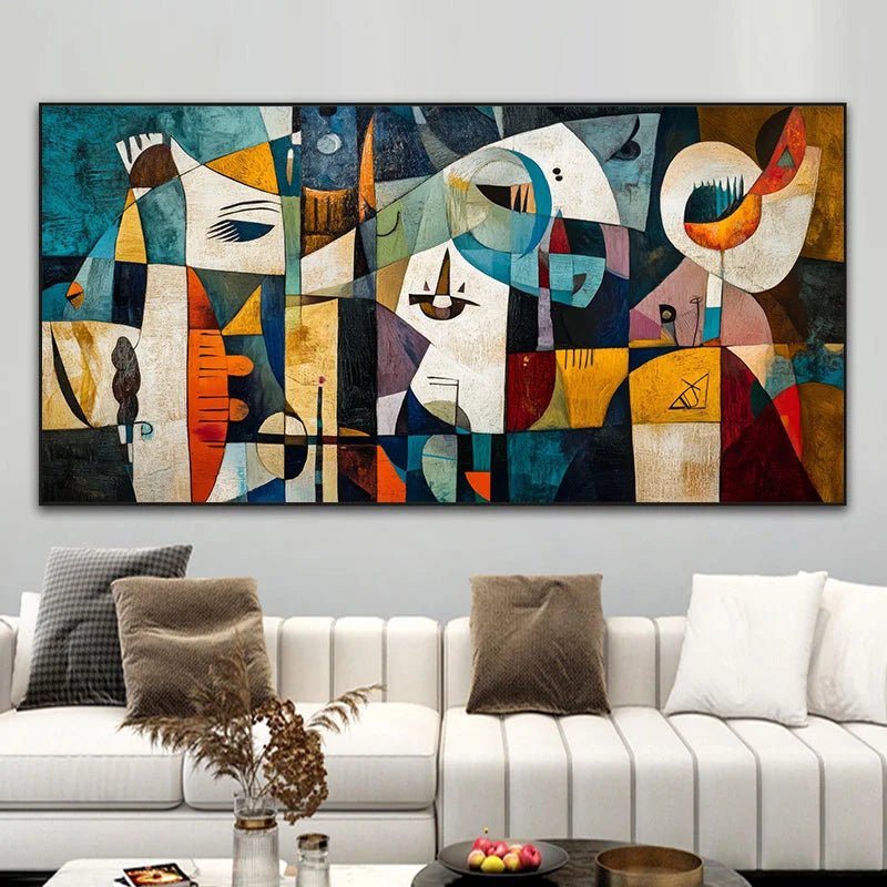 Abstract Frameless Modern Abstract Colorful Bohemian Geometric Patchwork Wall Art Featuring A Human Face Retro Canvas Poster Peaceful Pleasures Health and Wellness