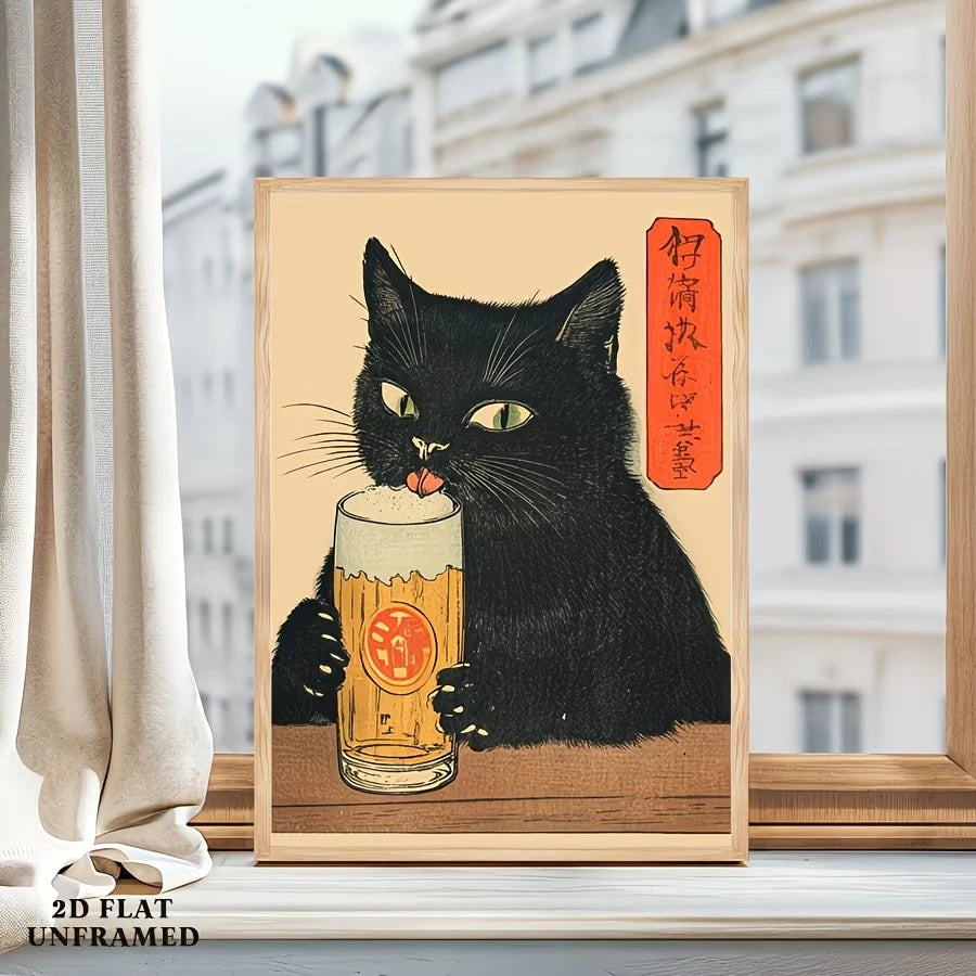 Retro Japanese Black Cat Canvas Wall Art Print Poster