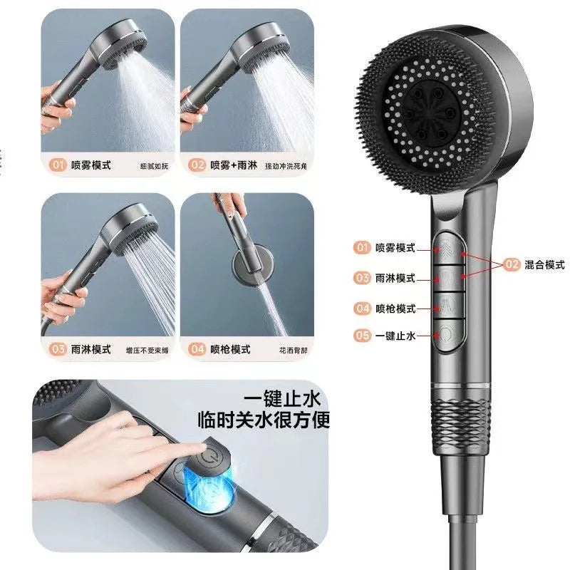 4-Speed High-Pressure Handheld Shower Head with Massage Brush