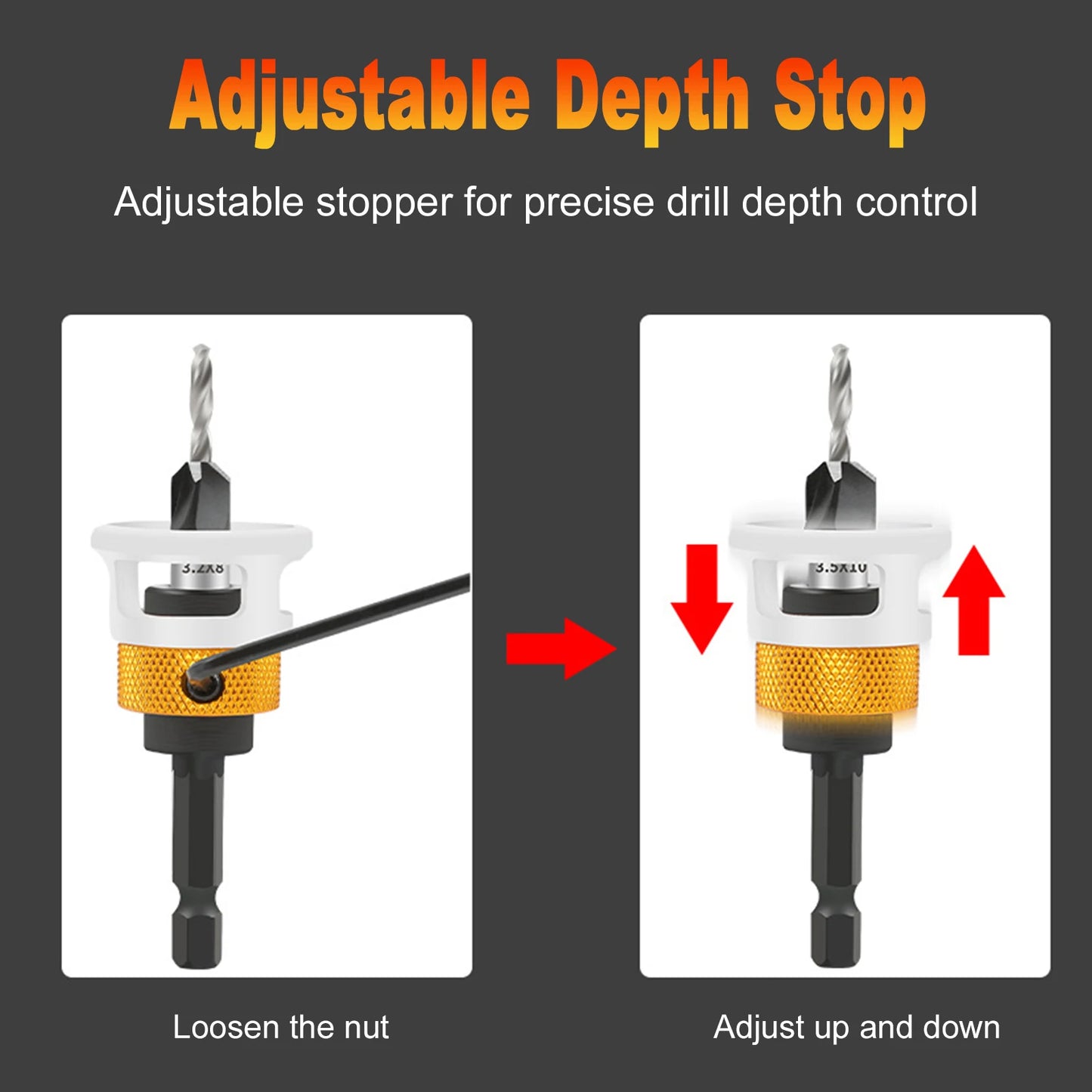 Countersink Drill Bit Depth Stop Hex Shank Adapter Wood Screws