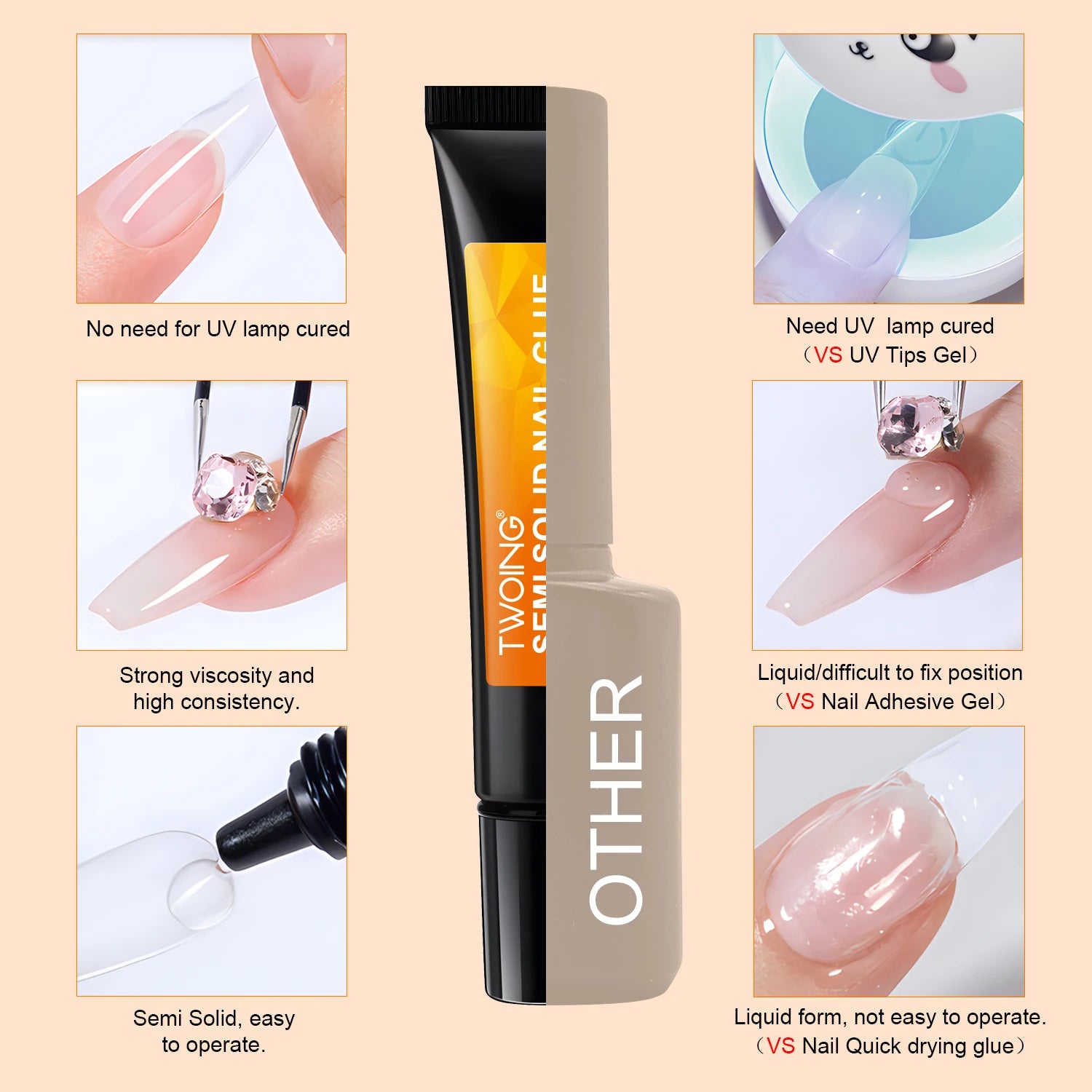 TWOING Quick-Dry Semi-Solid Nail Glue, Strong Adhesive for Press-On Nails, False Tips & Rhinestones, Waterproof, No UV Lamp Peaceful Pleasures Health and Wellness