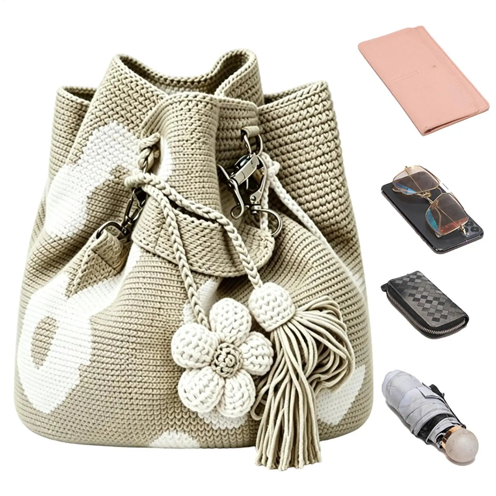 Boho Handmade Crochet Flower Tote Stylish Knit Floral Handbag Summer Beach Bag for Women & Girls, Seaside Shopping Picnics Peaceful Pleasures Health and Wellness