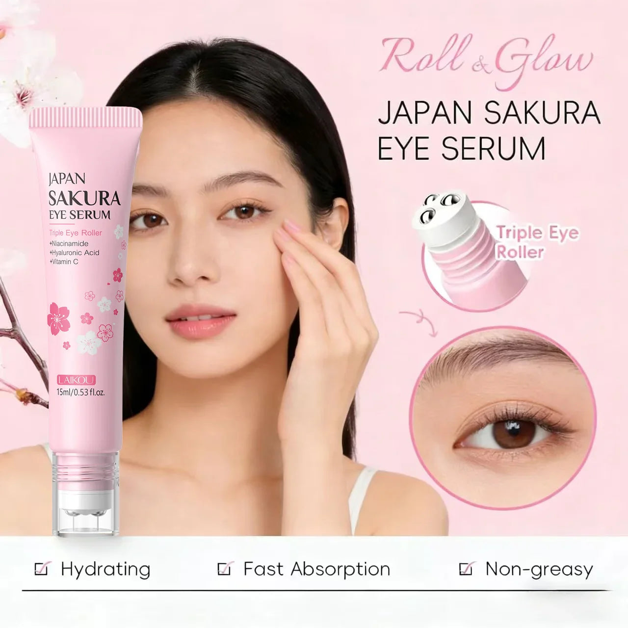 LAIKOU Sakura Roller Eye Serum – Reduce Dark Circles 15ml