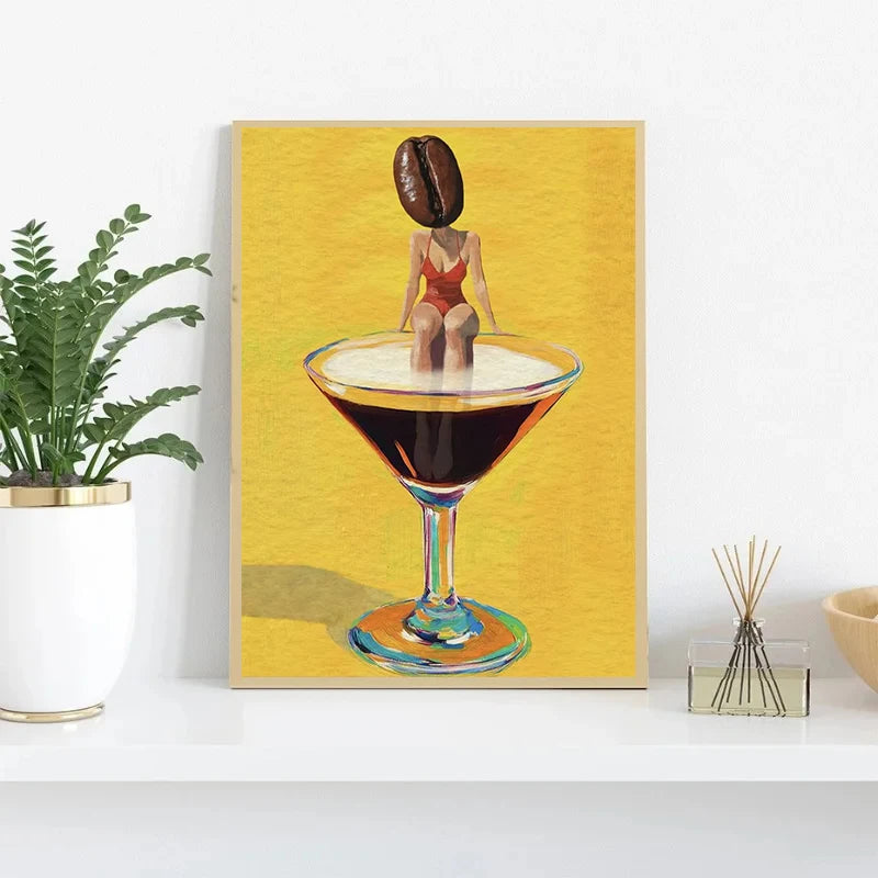 Coffee Martini Cocktail Margarita Drink Girl Jumping Into Wine Glass Fun Poster Canvas Printing Wall Art Bar Club Kitchen Decor Peaceful Pleasures Health and Wellness