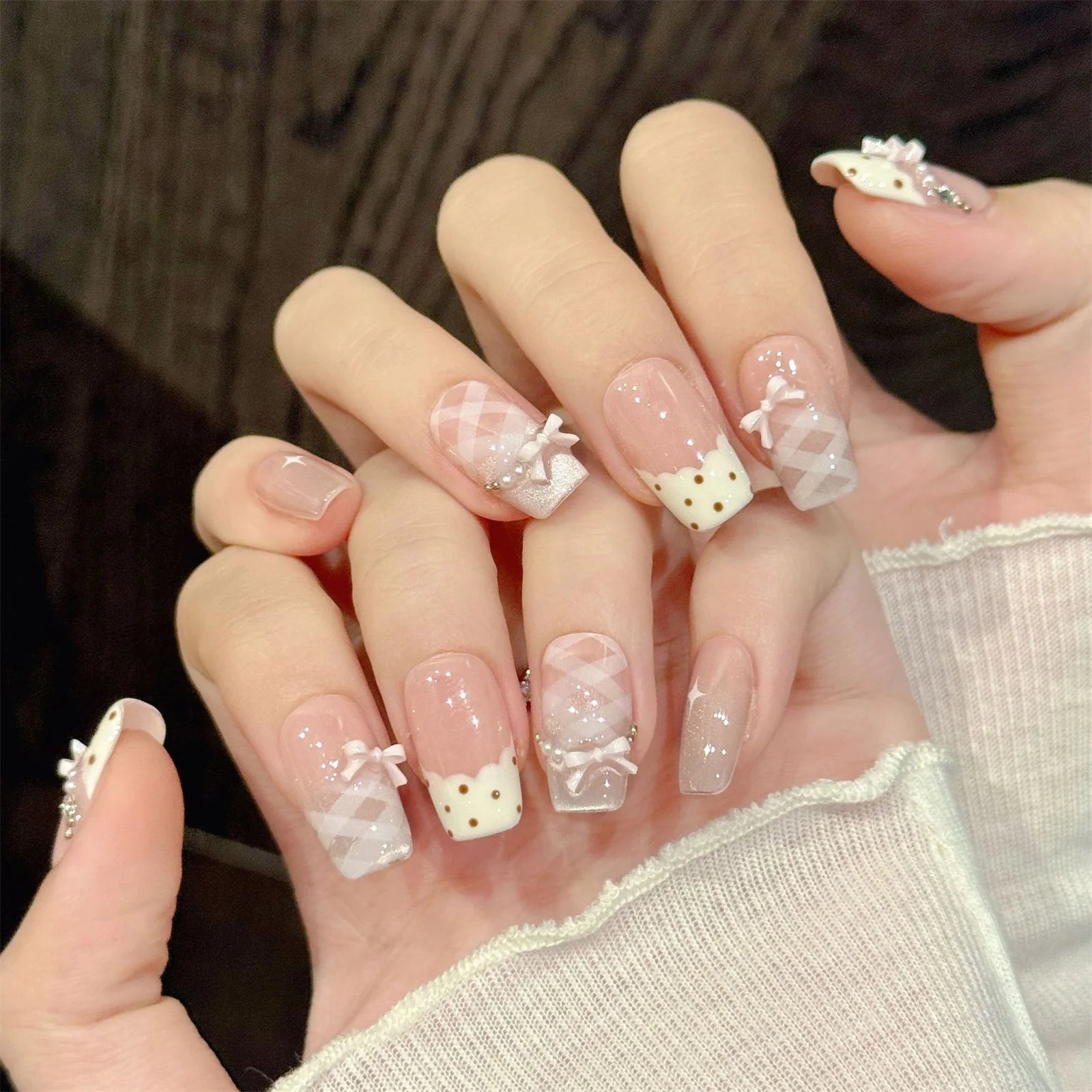 10pcs Sweet Stars Bow Handmade Fake Nails Press on Nails Gentle Cat's Eye Fake Nails French Tips Detachable Wedding False Nails Peaceful Pleasures Health and Wellness