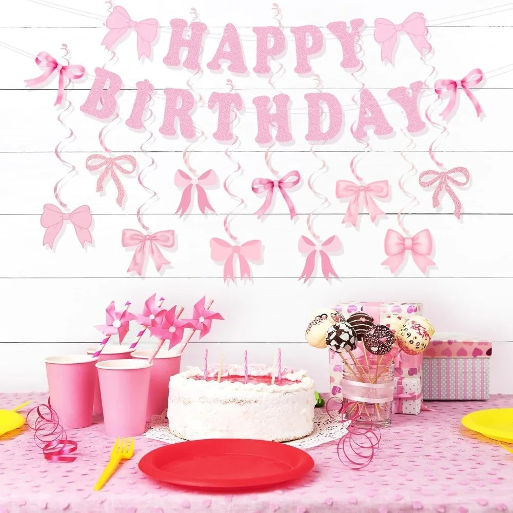 Bow Theme Happy Birthday Banner & Balloon Decoration Set
