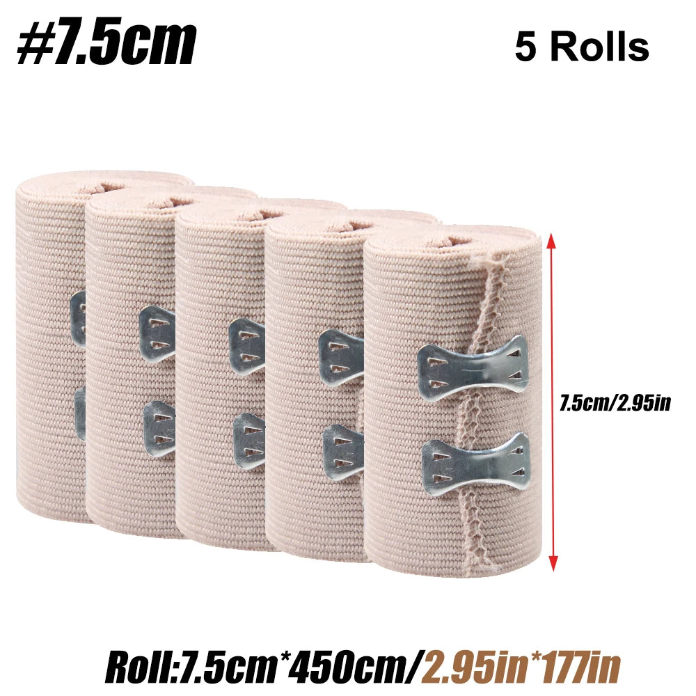 5-Pack Elastic Compression Bandage Wrap with Hooks | Sport & First Aid Compression Bandage Wrap Peaceful Pleasures Health and Wellness 7.5 X 450cm (5Rolls)