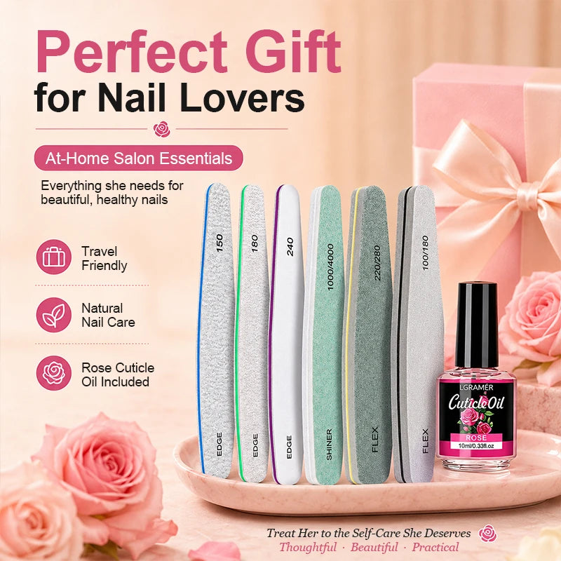 Professional Nail File Nail Buffer & Cuticle Oil Kit, Multi-functional Tools for Shaping, Buffing, Polishing and Hydrating 7pcs Peaceful Pleasures Health and Wellness
