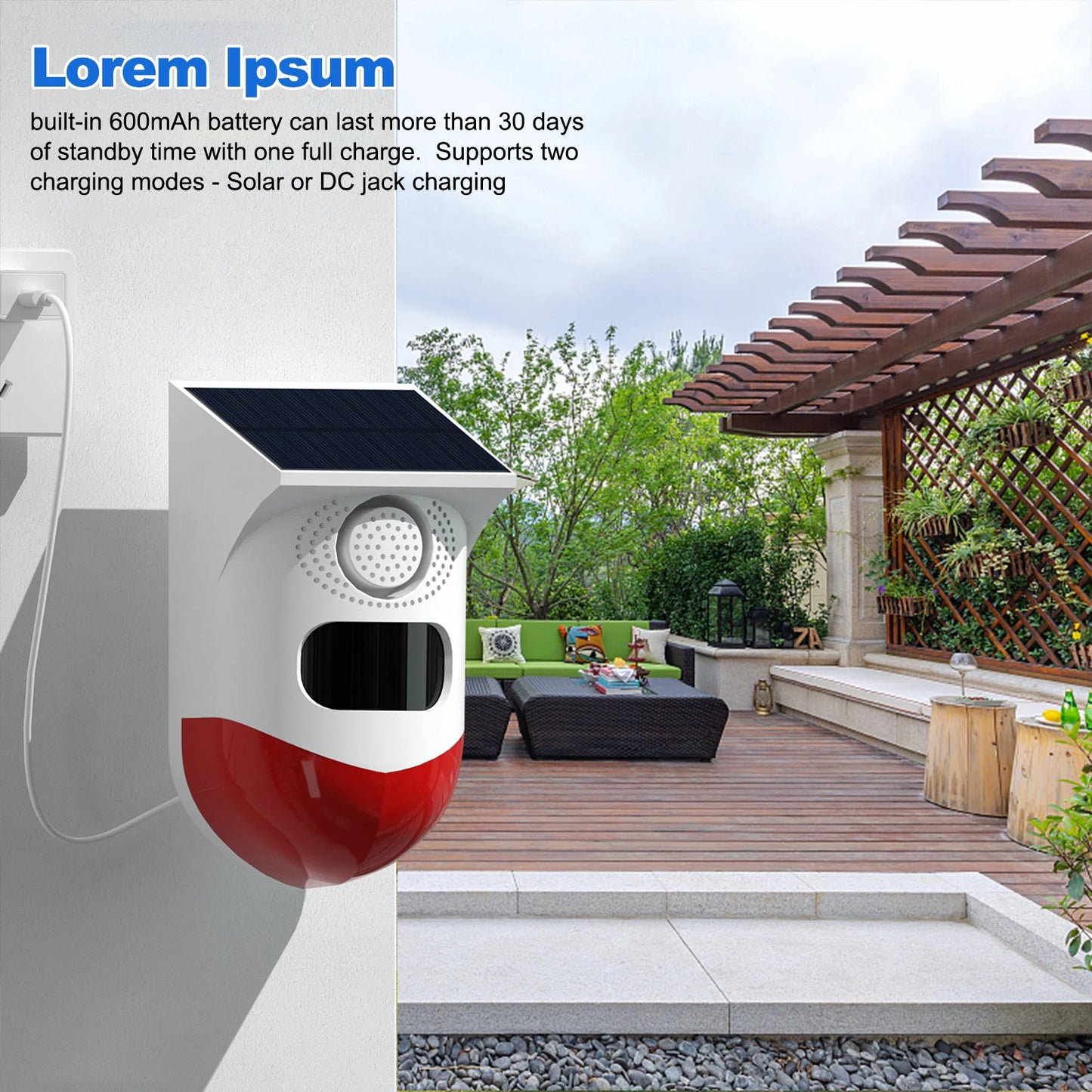 Solar Motion Sensor Alarm 120dB Siren LED Strobe IP65 Outdoor