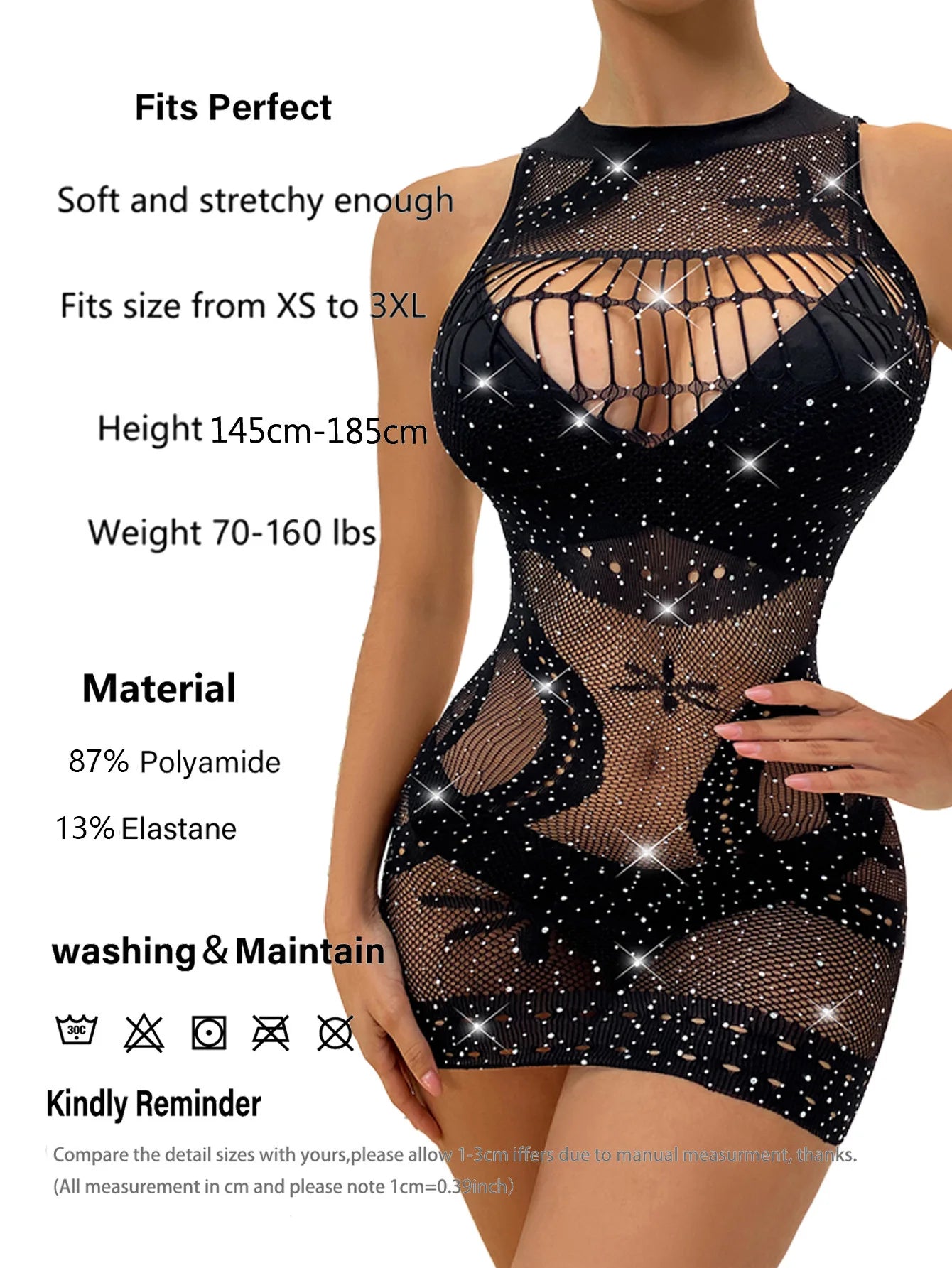 Sexy Rhinestone Mesh Bodysuit for Women, Sparkly See Through Fishnet Lingerie Mini Dress, Hot Clubwear Night Outfit Peaceful Pleasures Health and Wellness