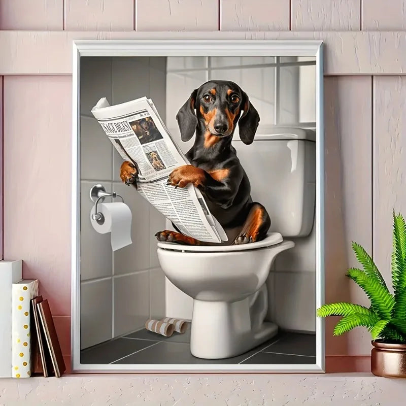 Canvas Print Wall Art for Pet Lovers,for Home Decor Bedroom,Kitchen,Living Room,Bathroom, Hotel 1pc Playful Dachshund on Toilet Peaceful Pleasures Health and Wellness