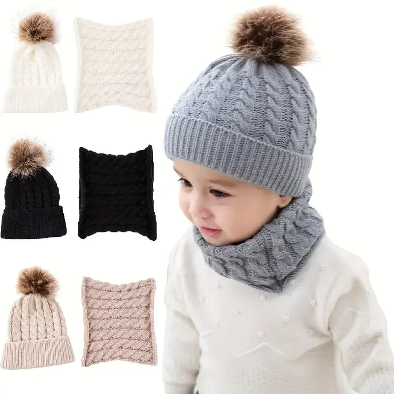2pcs/set Children's Woolen Hat & Neck Scarf Set, Winter Solid Color Outdoor Cycling Thickened Warm Knitted Hat Peaceful Pleasures Health and Wellness
