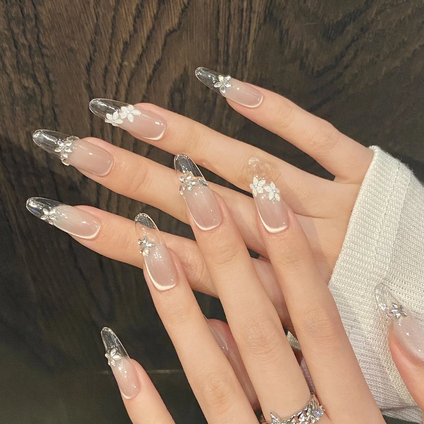 Y2K Press On Nails – Silver Butterfly Bow French Tips 10pc