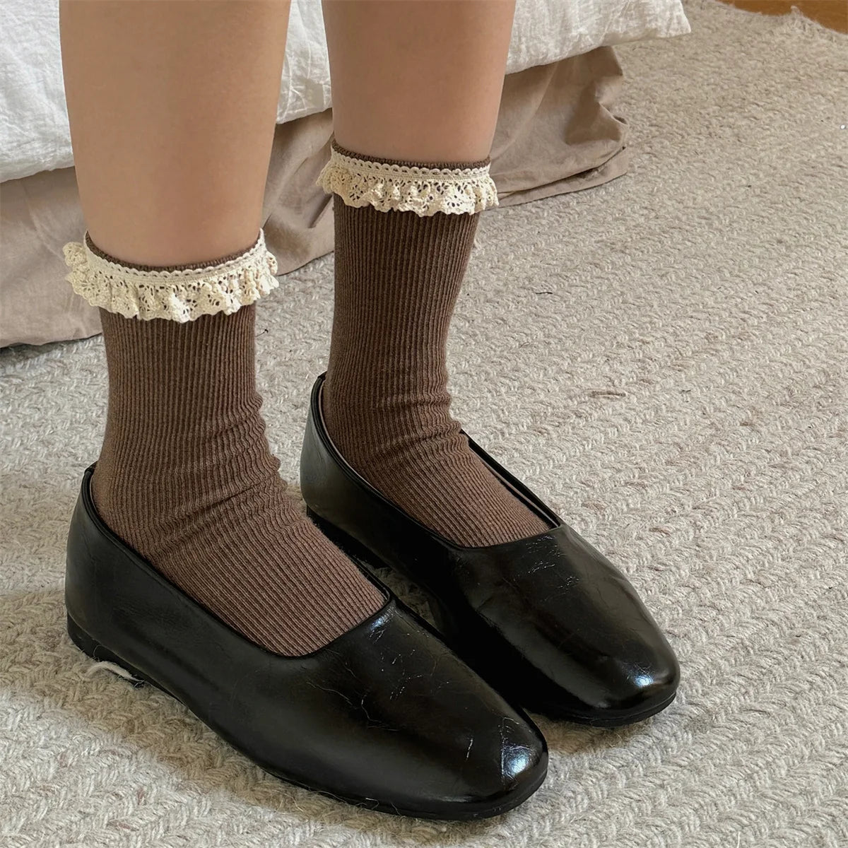 Korean Style Socks Sweet Lace Mid Calf Socks Ballet Style Girls Double Needle Slouch Socks for Women Daily Casual Fashion Wear Peaceful Pleasures Health and Wellness