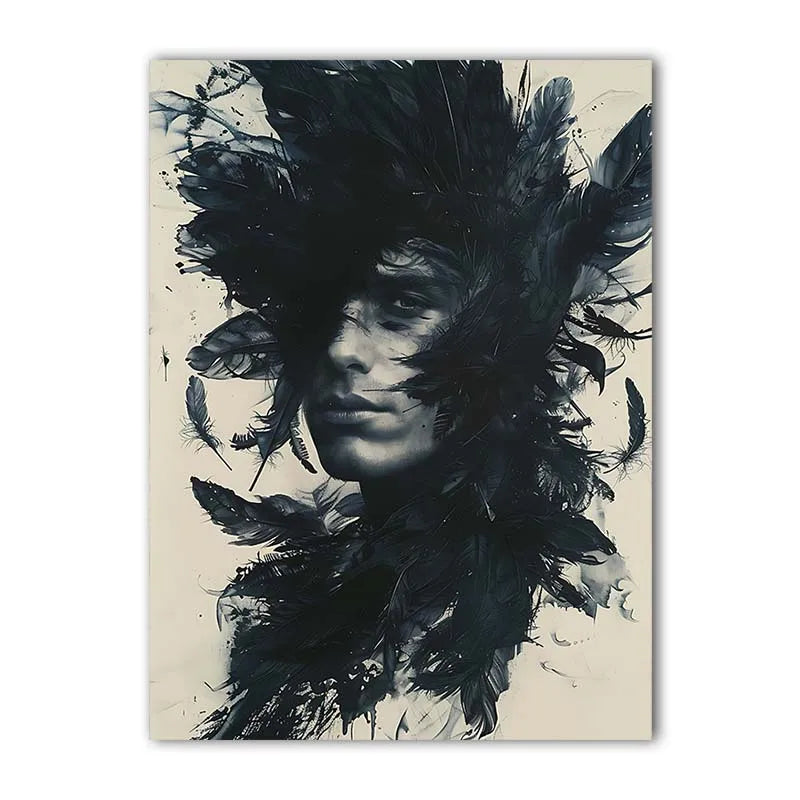 Black & White Feathers Man Canvas Wall Art | Modern Abstract Canvas Wall Art Peaceful Pleasures Health and Wellness 01 15x20cm No Frame China Mainland