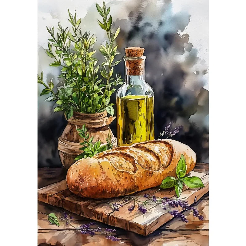 Watercolor Wine Cheese Olive Oil Kitchen Food Painting Rustic Artwork Aesthetic Canvas Poster Wall Pictures Home Farmhouse Decor Peaceful Pleasures Health and Wellness 5 40x50cm Unframed