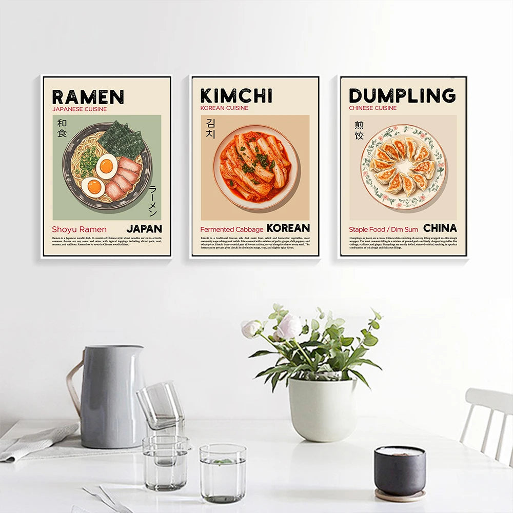 Kitchen Food Poster Pizza Ramen Sushi Spaghetti Kimchi Pancakes Croissant Dumpling Wall Art Canvas Print for Dinning Room Decor Peaceful Pleasures Health and Wellness