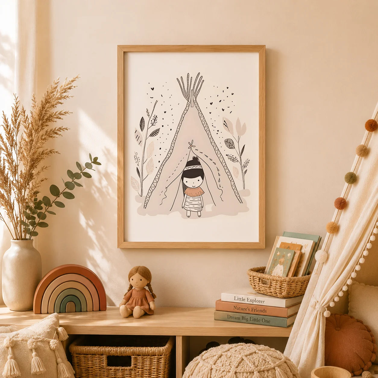 Nursery Wall Art Boho Cute Girl Teepee Canvas Painting Nordic Poster Print for Baby Girl Kids Bedroom Decor Peaceful Pleasures Health and Wellness