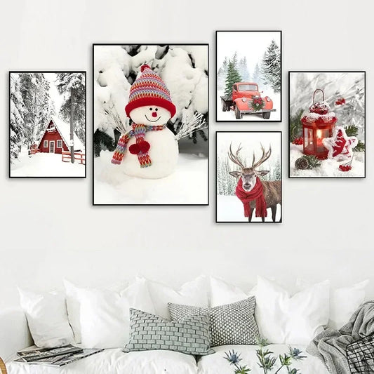 Christmas Snowman & Moose Canvas Wall Art | Winter Decor Print Canvas Wall Art Peaceful Pleasures Health and Wellness
