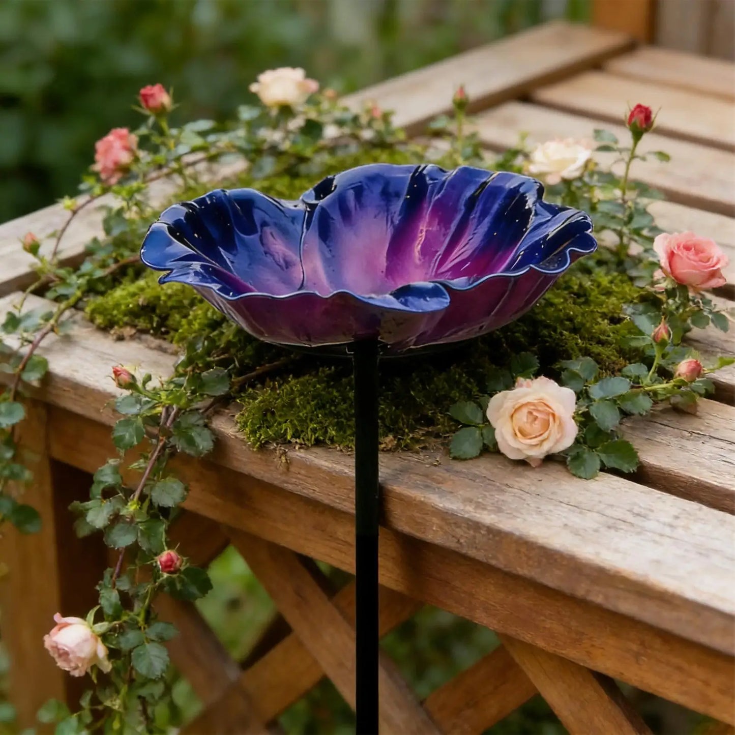 Garden Bird Bath – Reflective Petals Iron, 25.5" Weather Resistant