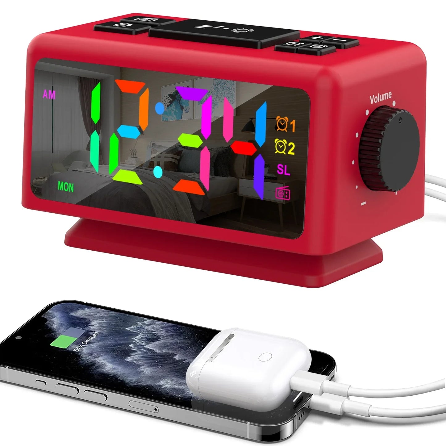 RGB LED Alarm Clock FM Radio Adjustable Brightness Date Display