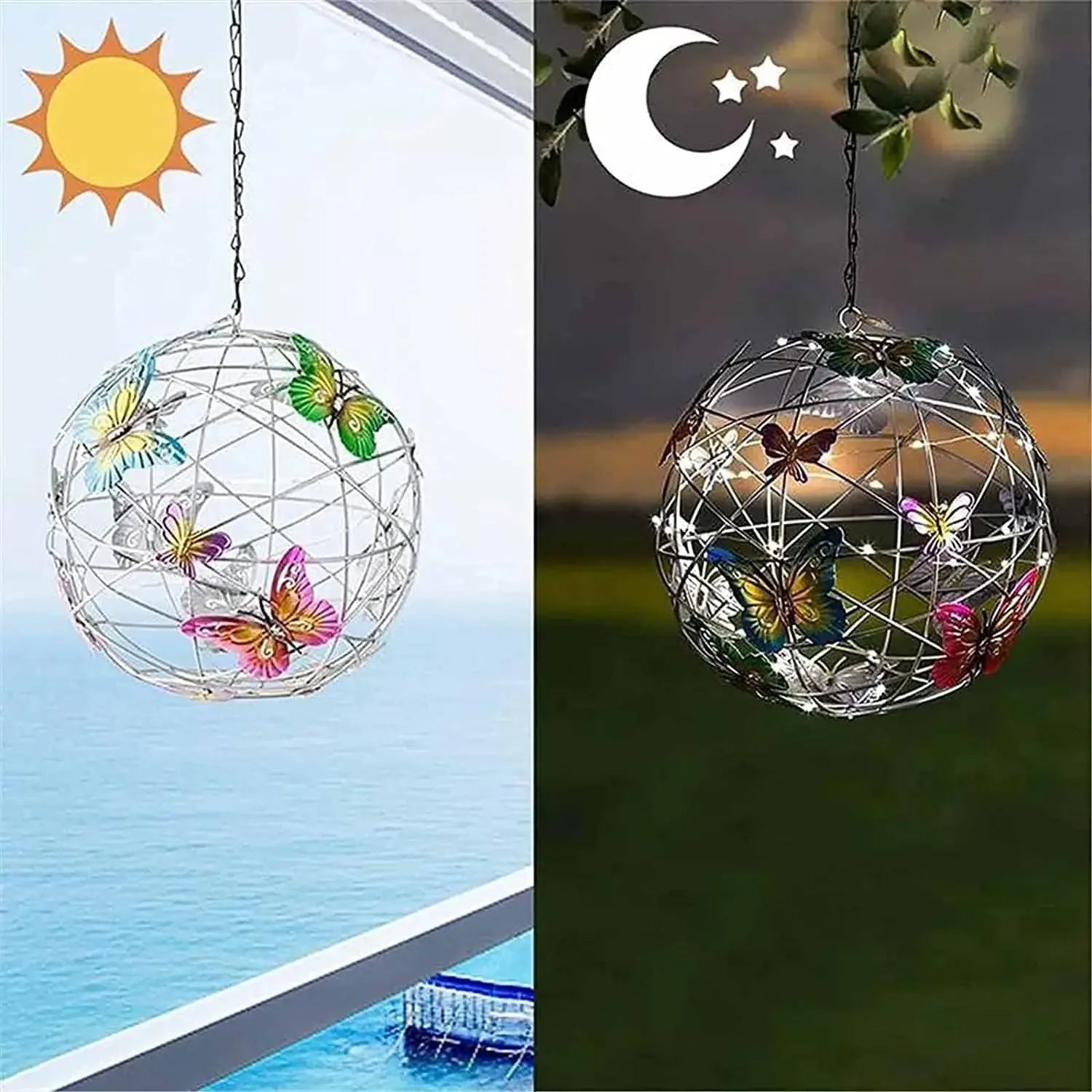 Outdoor Solar Ball Light with Butterfly LIght Decorative Hanging Lamp LED Waterproof Garden Hanging Light Yard Decoration Night Peaceful Pleasures Health and Wellness