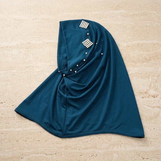 Women's Pearl Embellished Hijab Hat Elastic Fabric Chin Strap Muslim Base Cap Peaceful Pleasures Health and Wellness