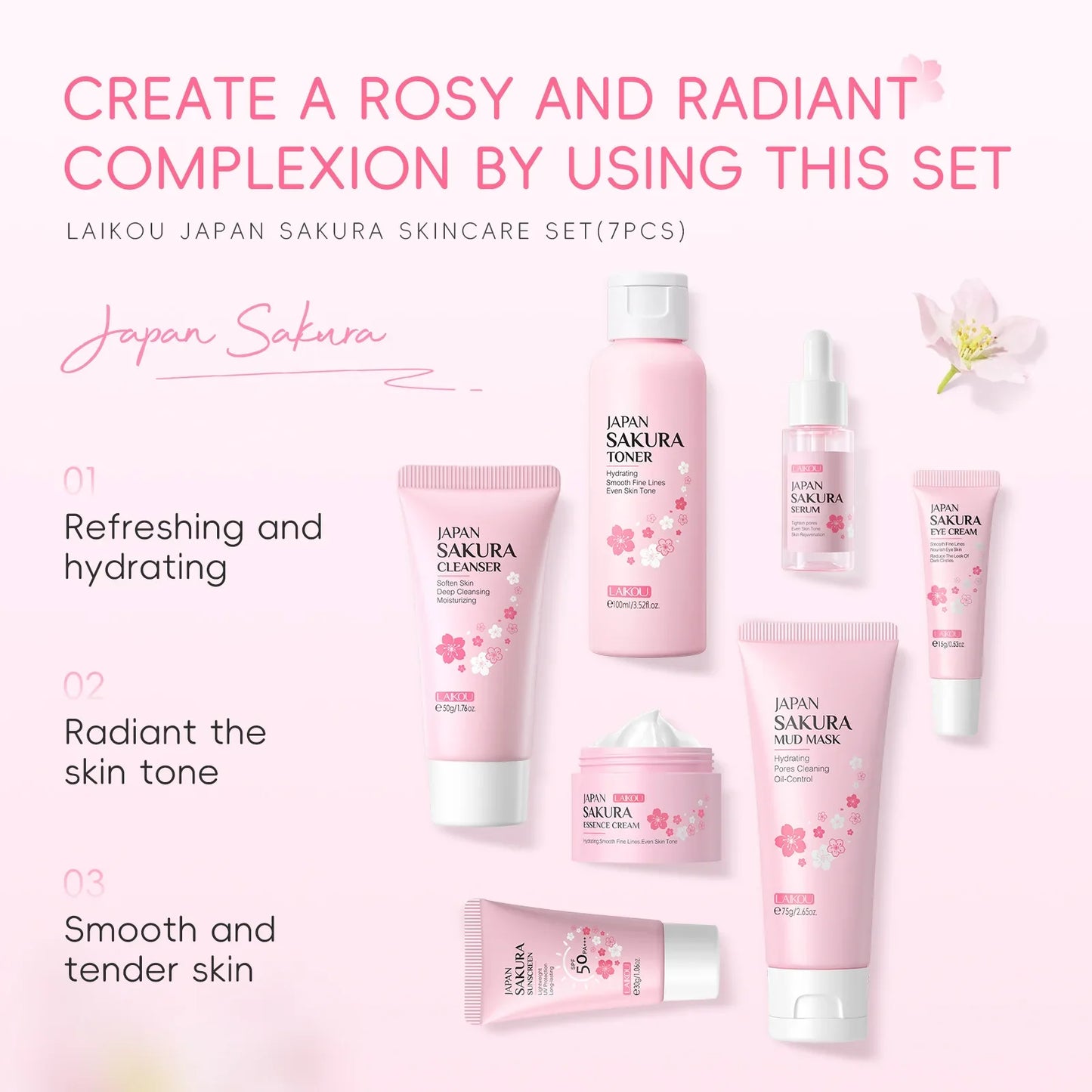 LAIKOU Sakura 7-Piece Skincare Set – Hydrate, Brighten & SPF 50