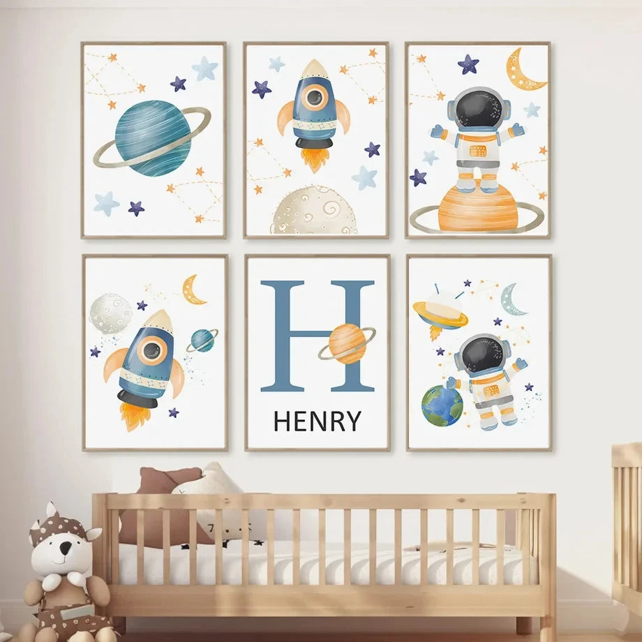 Rocket Astronauts Planet Outer Space Name Custom Wall Art Pictures Printed On Canvas Nordic Posters For Children's Room decora Peaceful Pleasures Health and Wellness