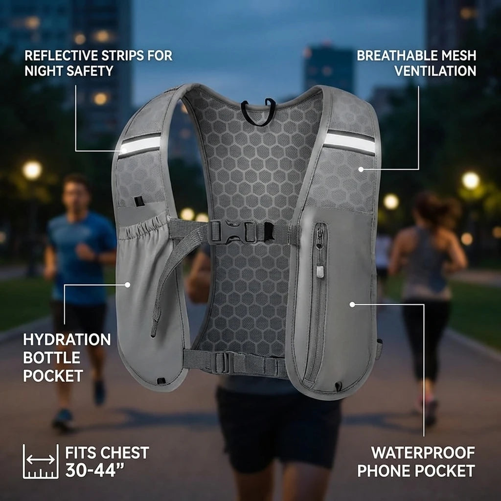 Lightweight Running Vest with Phone Holder New Reflective Hydration Water Chest Pack Storage for Sports Water Bottle Peaceful Pleasures Health and Wellness