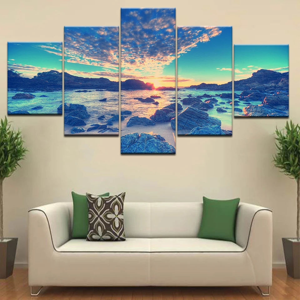 5pcs Cleopatra Ocean Canvas Painting Wall Art Orange Sky Ocean Beach Multi Turkey Sand Beach Sunrise Wall Decor No Frame Peaceful Pleasures Health and Wellness 5pcs 13 20x35-20x45-20x55cm