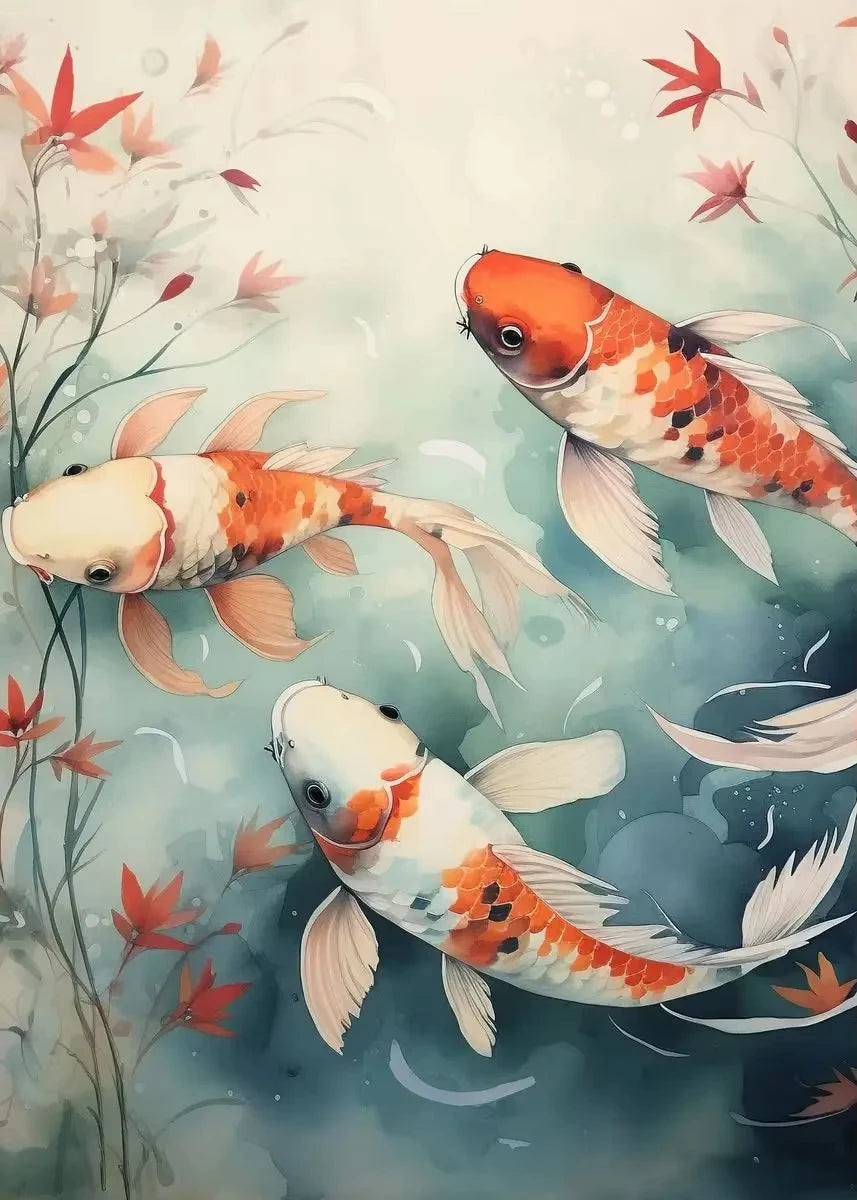 Red Koi Fish Lotus Canvas Wall Art | Good Luck Home Decor