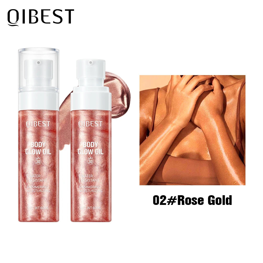 QIBEST Liquid Shimmer Body Highlighter Oil Makeup Glitter Spray Oil Lotion Full Body And Face Glow-Up Liquid Lotion Highlighter Peaceful Pleasures Health and Wellness 02 Rose Gold