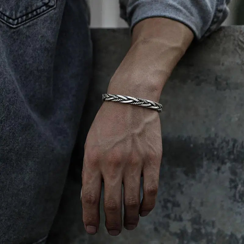 Twisted Woven Silver Bangle | Retro Thai Handmade Bracelet