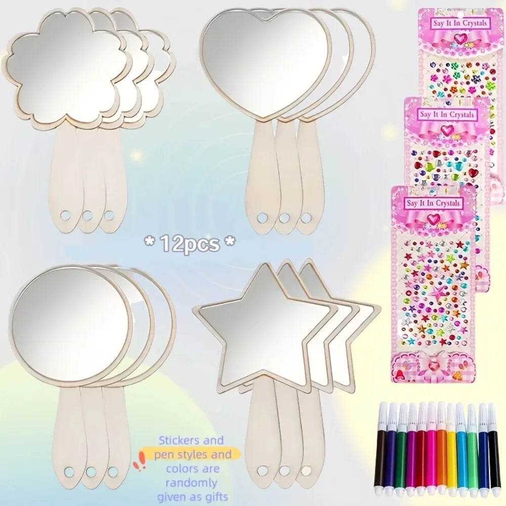 DIY Wooden Princess Mirror Craft Kit with Paintbrushes