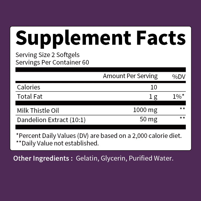 Supplement facts label with detailed nutritional information on a purple background