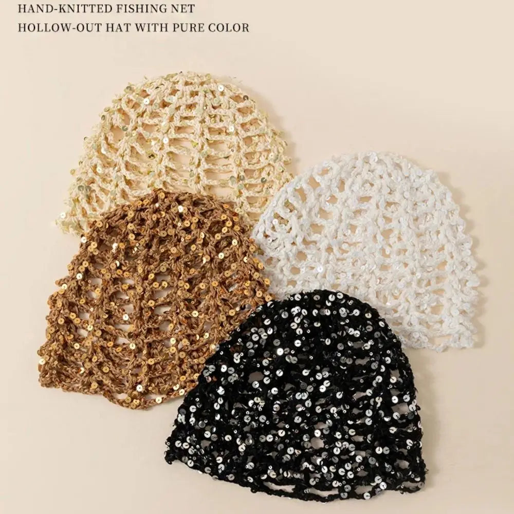 Bohemian Crochet Sequin Knit Beanie Hat | Spring Summer Crochet Knit Beanie Peaceful Pleasures Health and Wellness