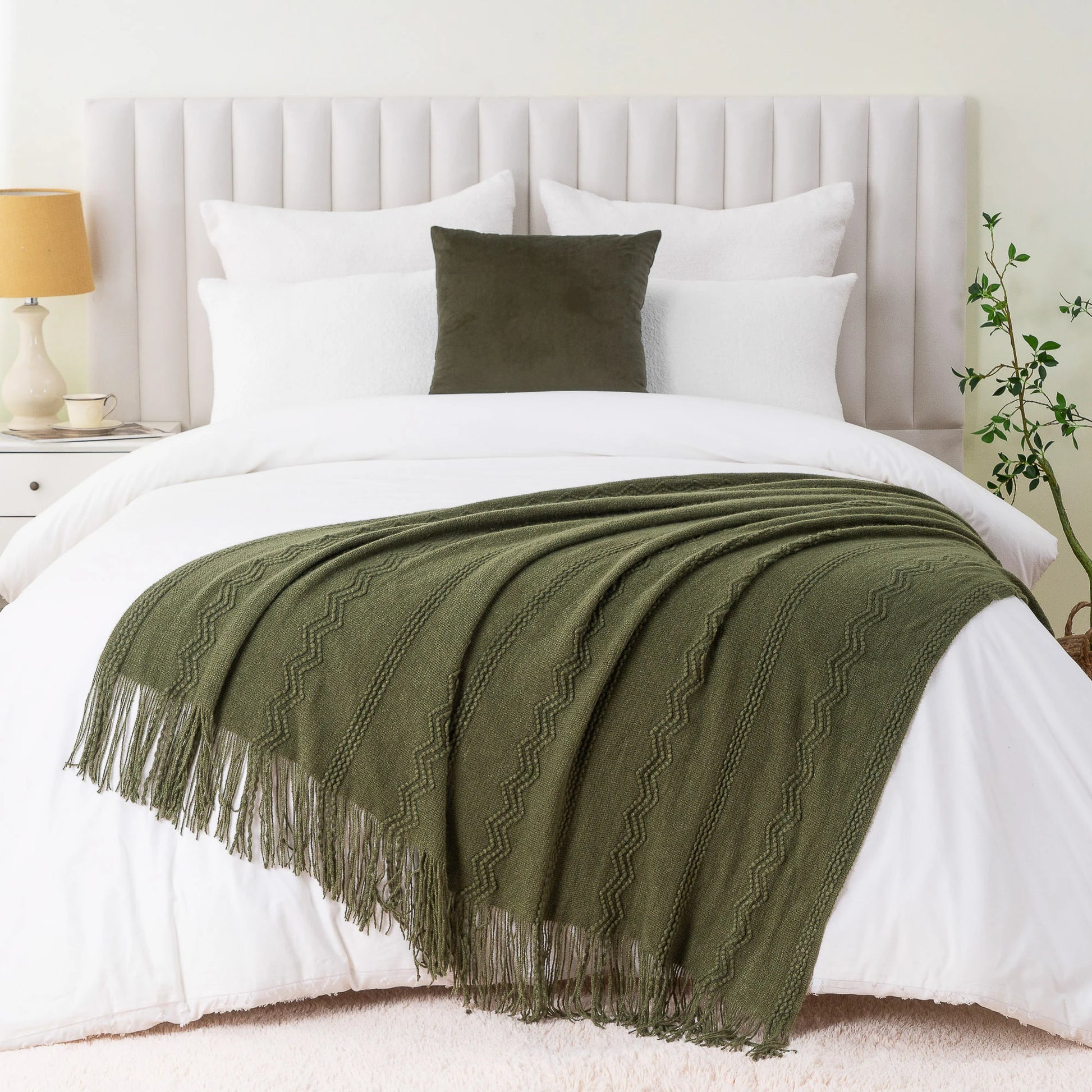 Battilo Olive Green Throw Blanket for Bed Couch Plaid Knitted Throws Cozy Lightweight Sofa Blanket for Spring Living Room Decor Peaceful Pleasures Health and Wellness