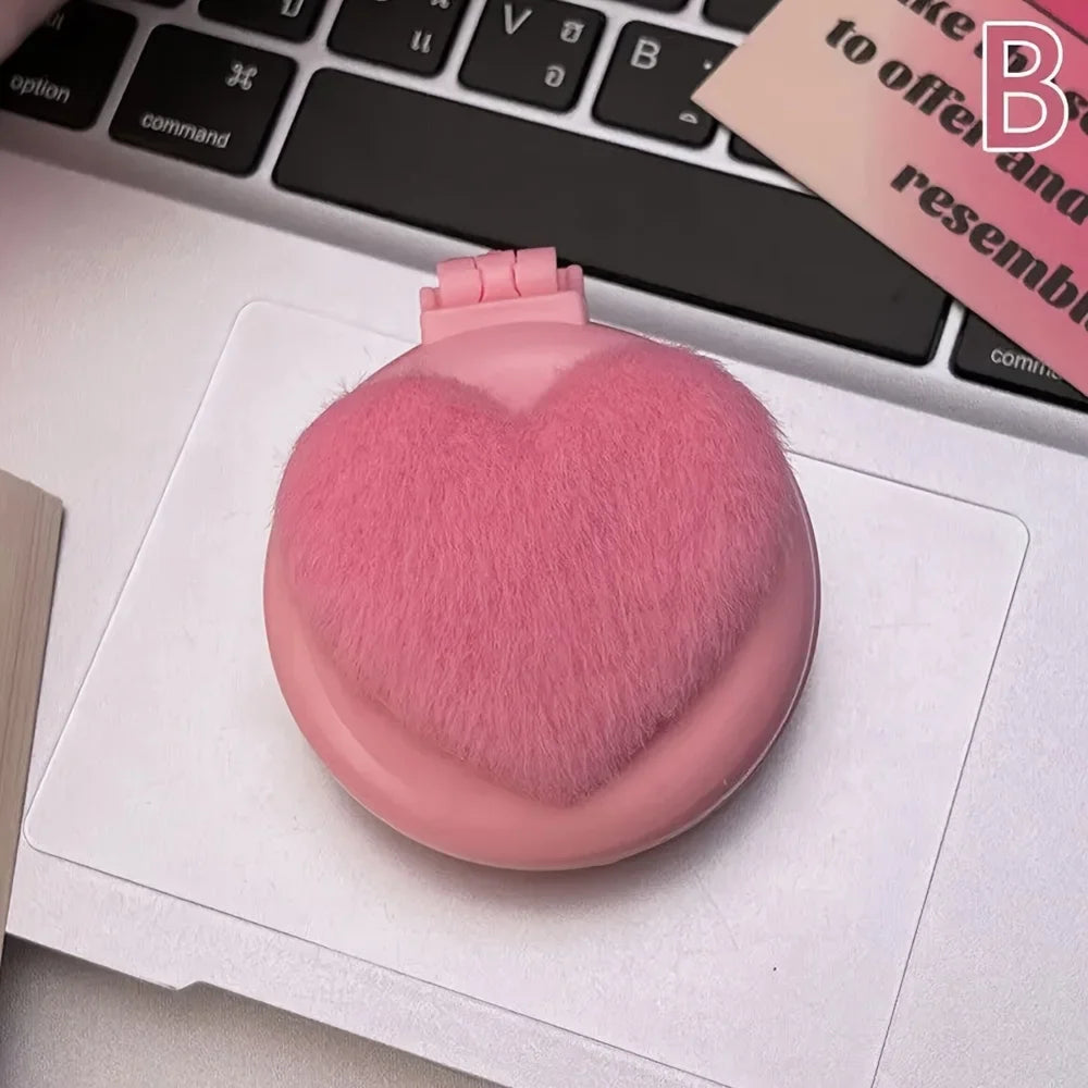 Plush Heart Mini Hair Brush & Mirror Set – Portable Pink
