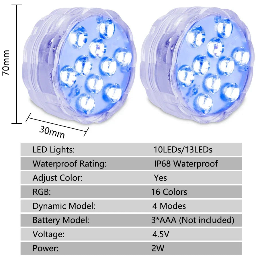 RGB Submersible LED Lights – 10 LED, IP68, Remote Control