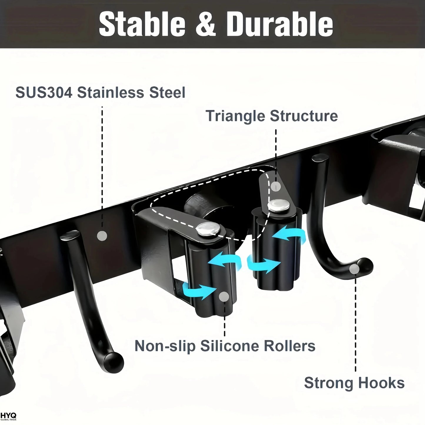 1 Heavy-duty Metal Tool Rack 4 Slots 5 Hooks Wall-mounted Garden