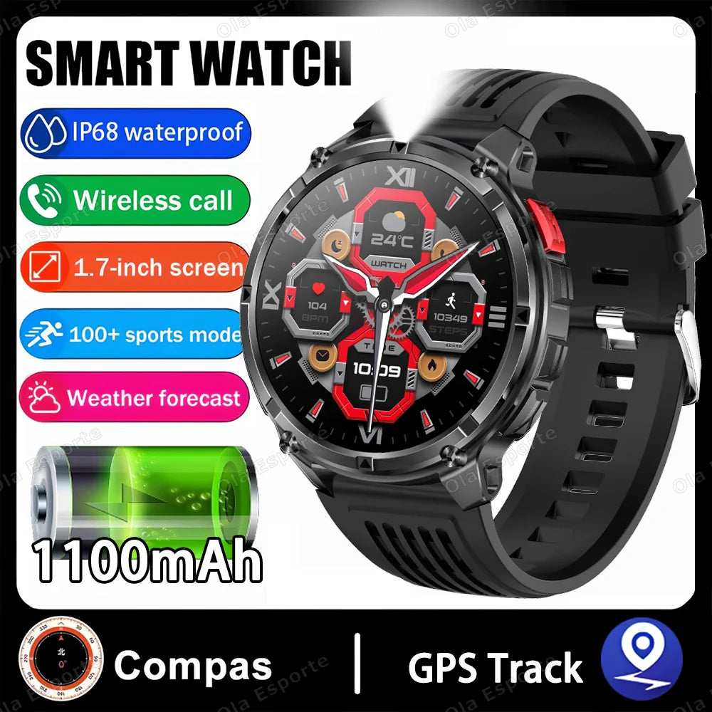Rugged Military Smartwatch 1100mAh | Compass, Fitness & BT Calls