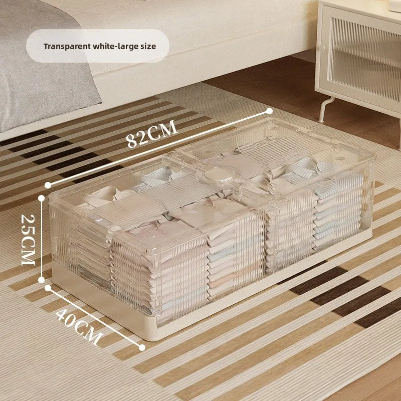 Under Bed Storage Box Foldable Plastic Transparent Extra Large with Wheels Dustproof Toy Clothes Blanket Organizer Peaceful Pleasures Health and Wellness L White