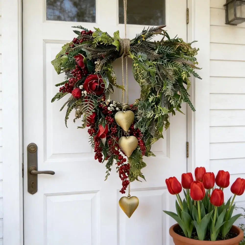 Festive Rattan Wreath with Berries & Hearts | Holiday Wall Decor