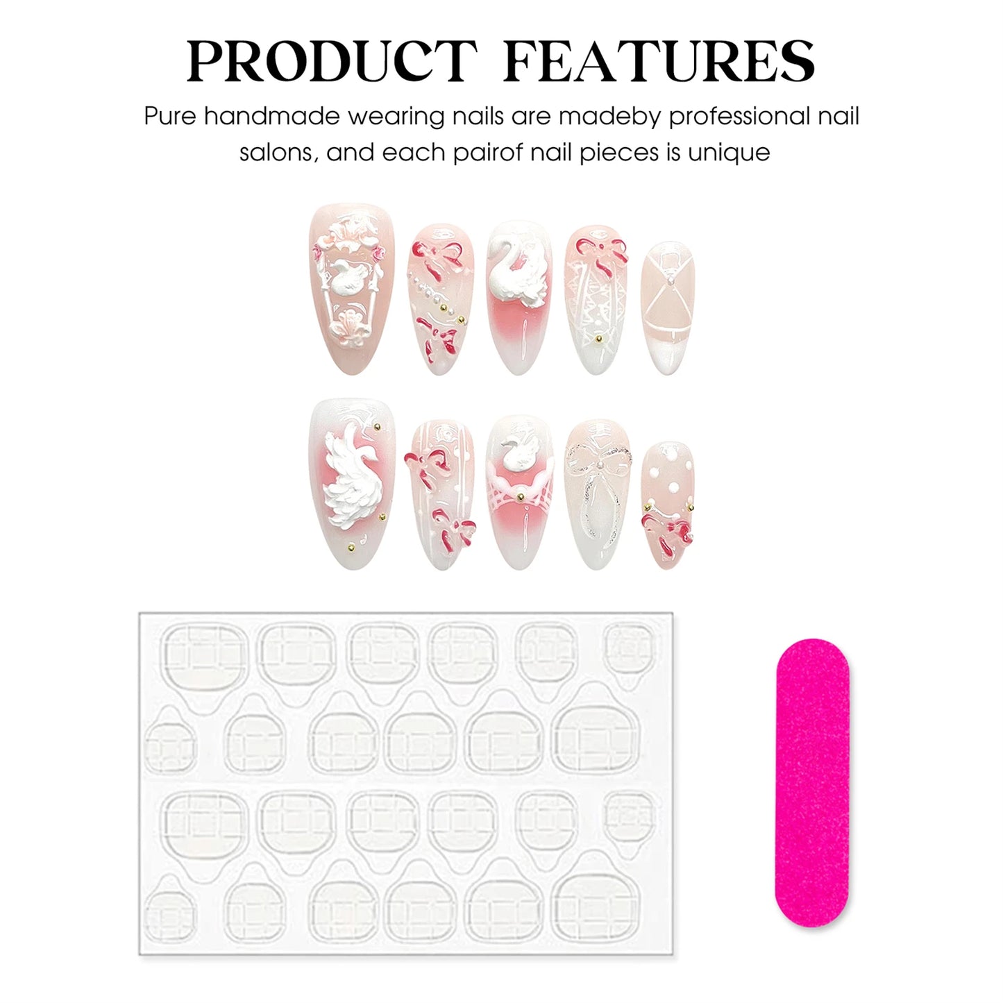Light Pink Almond Press On Nails | 3D Swan French Tips