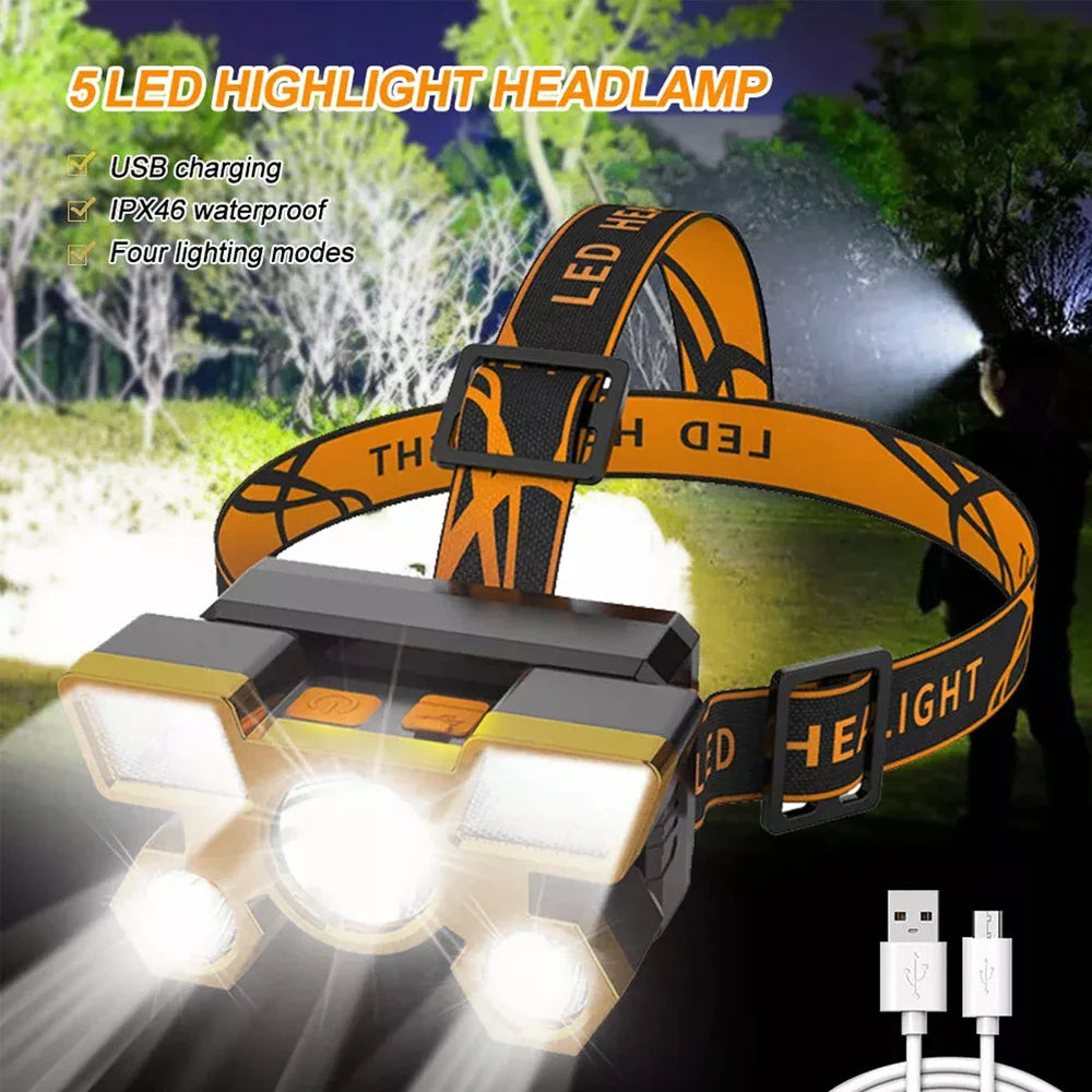 Rechargeable 5 LED Headlamp – Camping, Fishing & Travel