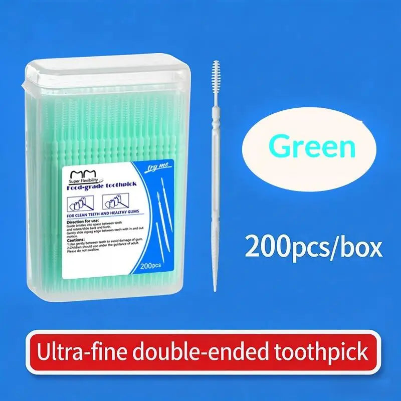High-end Disposable Toothpick Brush 200pcs Ultra-fine Portable Family Box Double-head Sticks Toothpick Peaceful Pleasures Health and Wellness Green